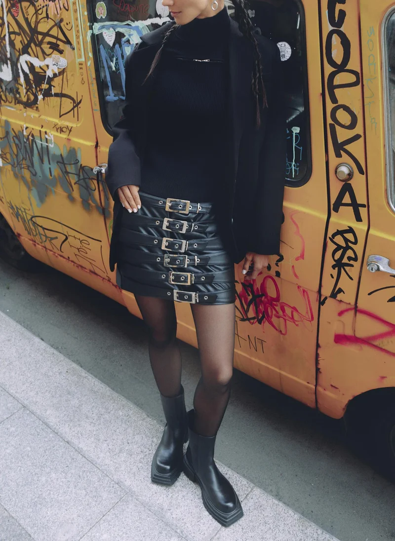 Lichi  Straight mini skirt with silver buckles for Women | Best Price UAE